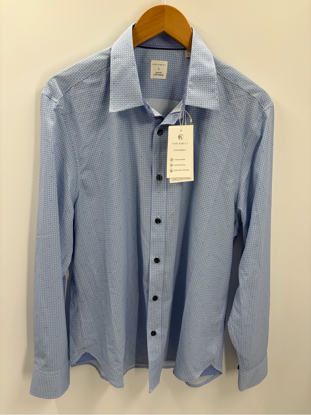 CON.STRUCT Men's Slim Fit Performance Dress Shirt Blue Geometric Size L Silvadur